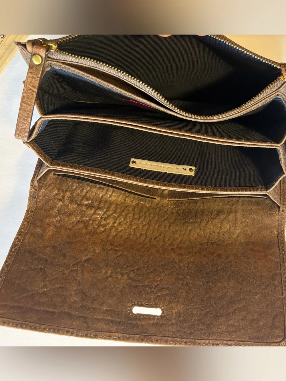 Pilcro Women’s Brown Leather Wallet Clutch Wristlet Textured Gold Tone